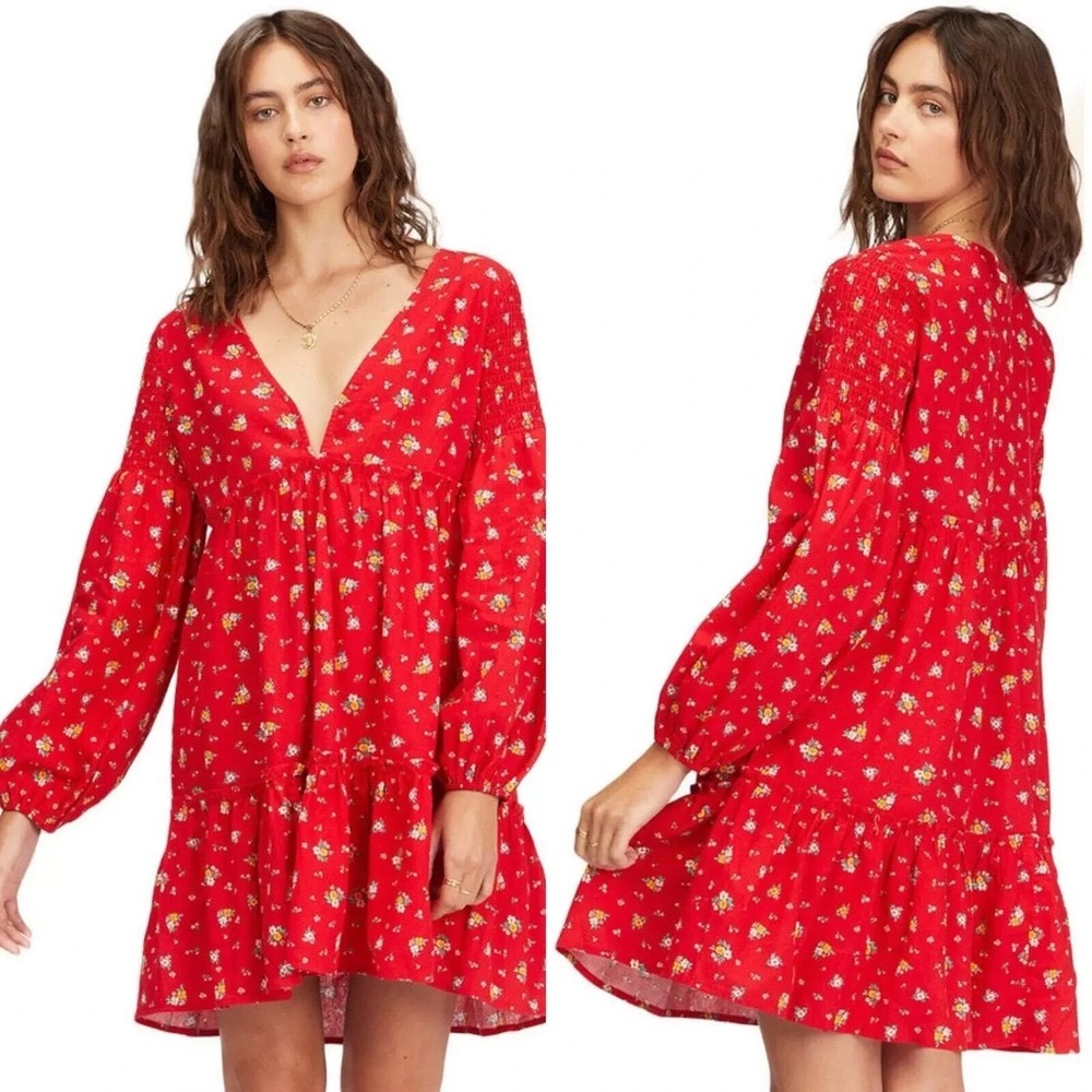 Billabong x‎ Wrangler Red Floral V-Neck Babydoll Mini Dress Smocked Sleeve Small
